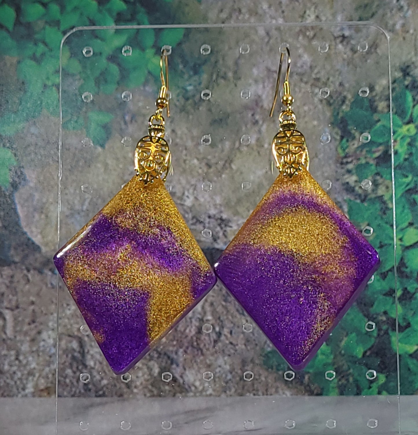 Purple Gold Glitter Diamond Earrings - Ornate Resin Dangle