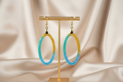 Gold Teal & Blue Gradient Open Oval Resin Hoop Earrings – Handmade Ocean-Inspired Jewelry Gift for Her