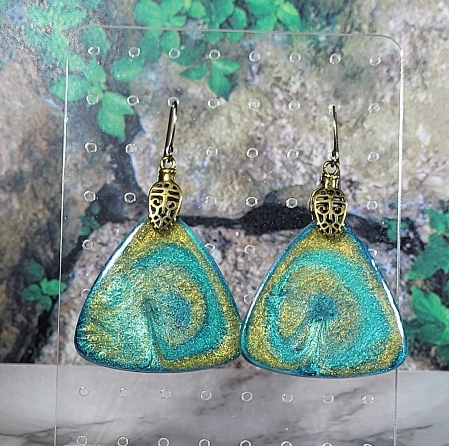 Turquoise Gold Marbled Triangle Earrings - Ornate Resin Dangle