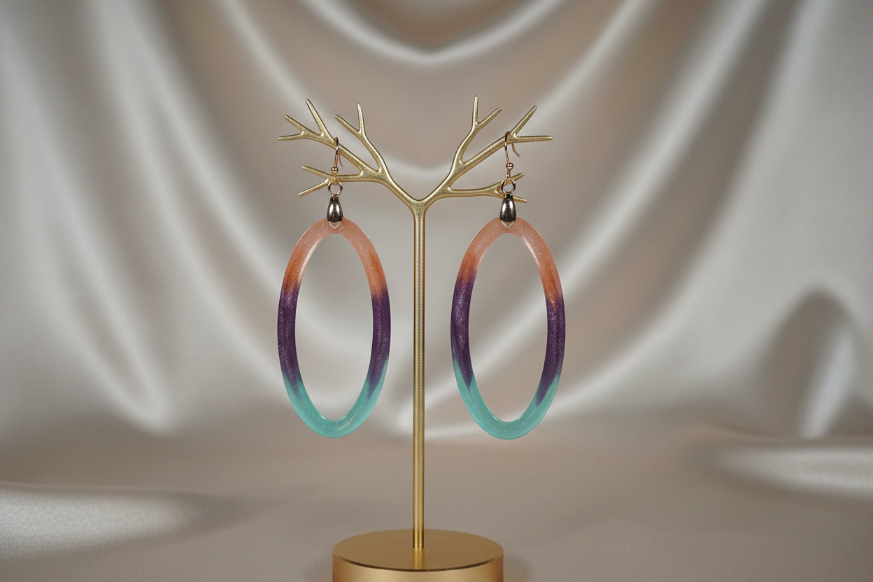 Pink Purple & Teal Gradient Open Oval Resin Hoop Earrings – Handmade Rose Gold Jewelry Gift for Her