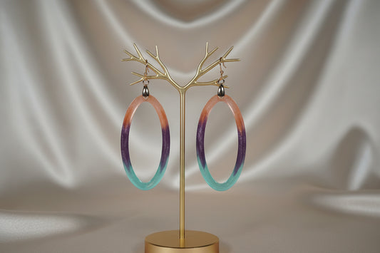 Pink Purple & Teal Gradient Open Oval Resin Hoop Earrings – Handmade Rose Gold Jewelry Gift for Her