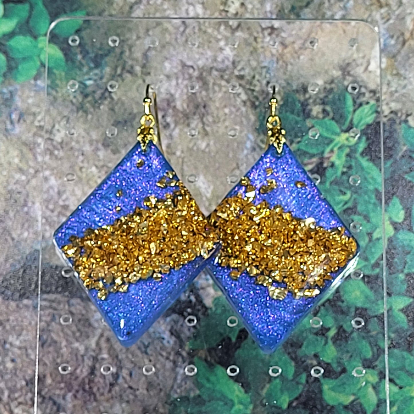 Blue Gold Glitter Resin Diamond Earrings - Striped Dangle