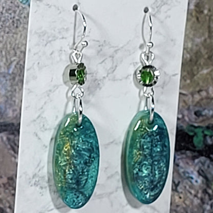 Teal Green Crystal Oval Earrings - Resin Dangle