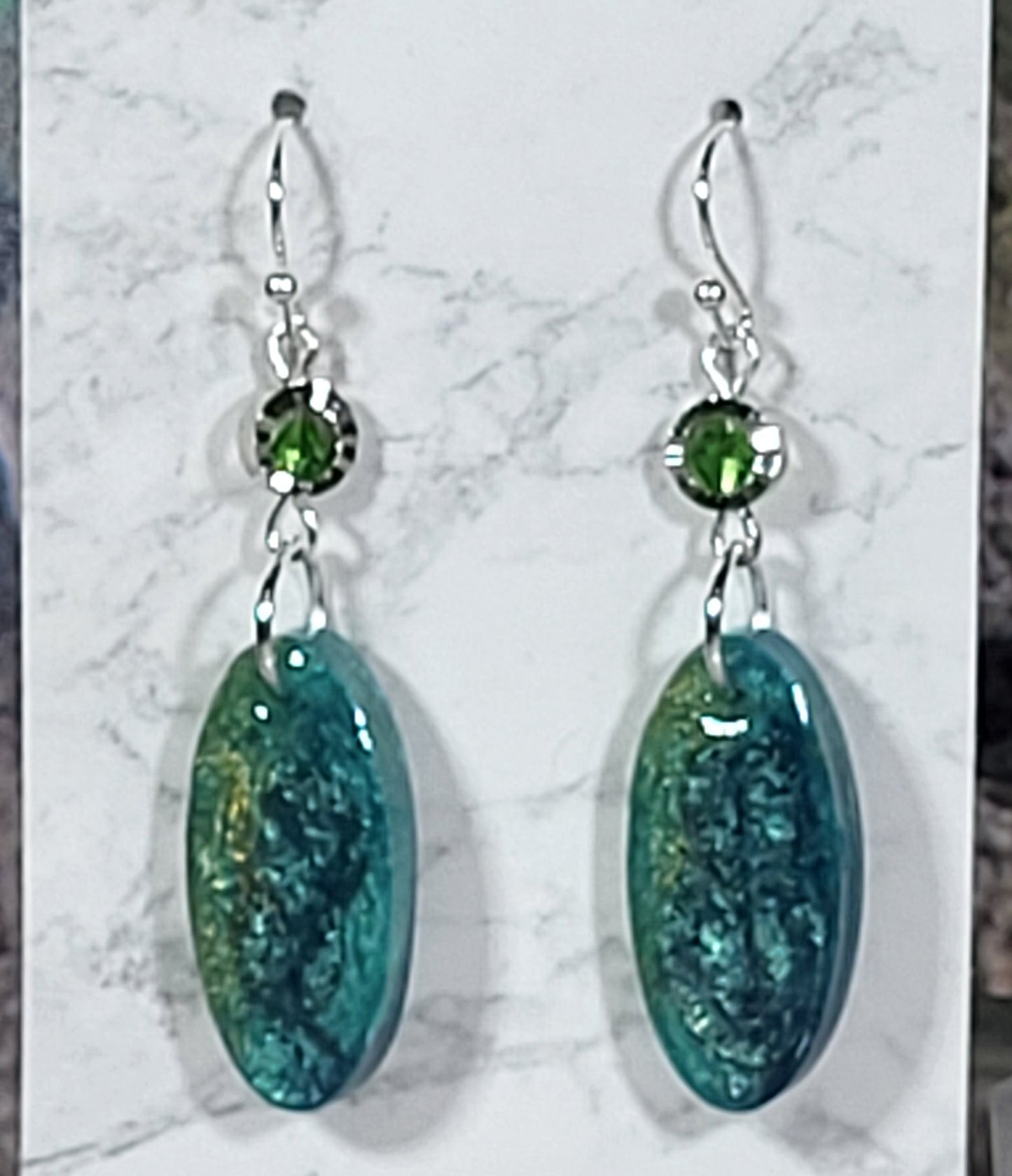 Teal Green Crystal Oval Earrings - Resin Dangle