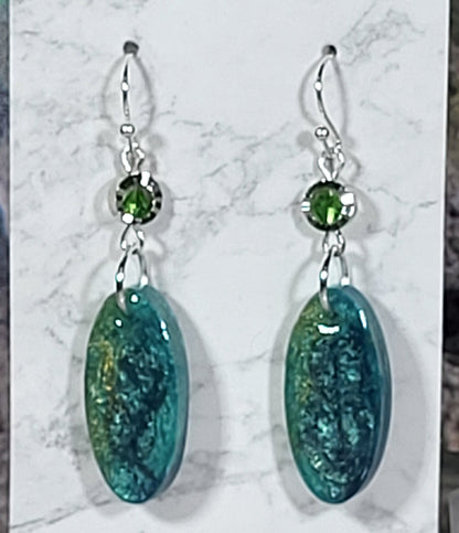 Teal Green Crystal Oval Earrings - Resin Dangle