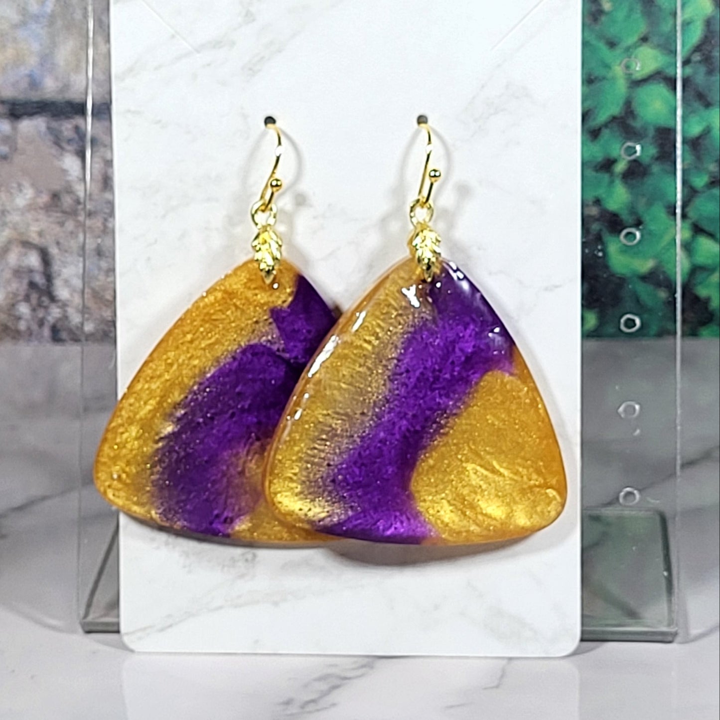 Purple Gold Striped Triangle Earrings - Resin Dangle