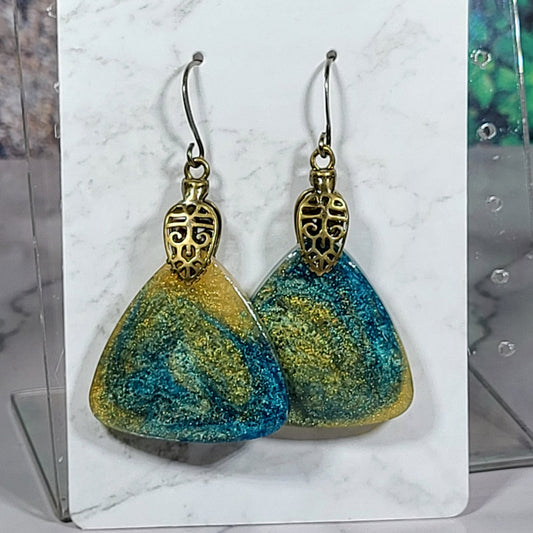 Turquoise Gold Shimmer Triangle Earrings - Ornate Resin Dangle