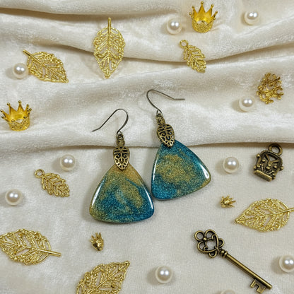Turquoise Gold Shimmer Triangle Earrings - Ornate Resin Dangle