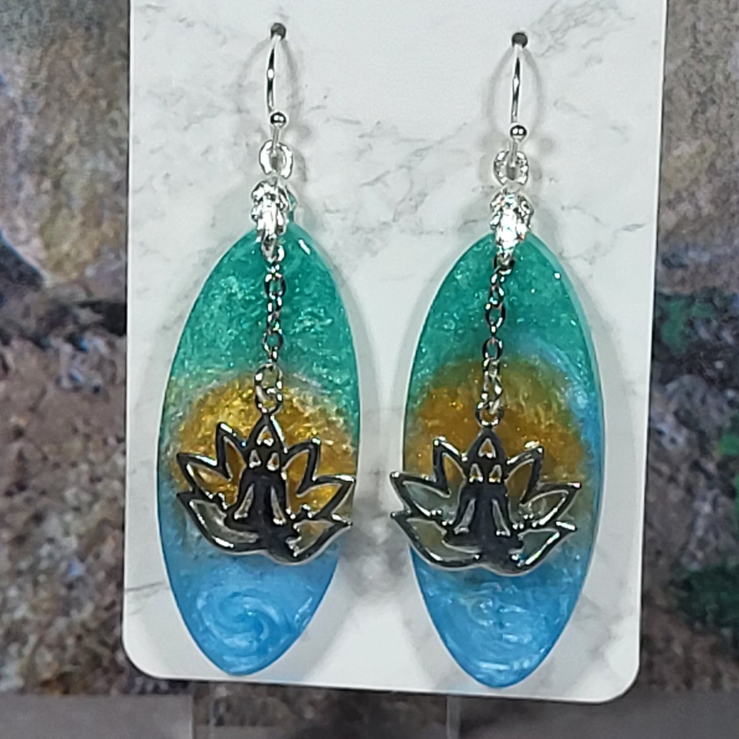 Lotus Flower Ocean Resin Earrings - Turquoise Gold Gradient Dangle