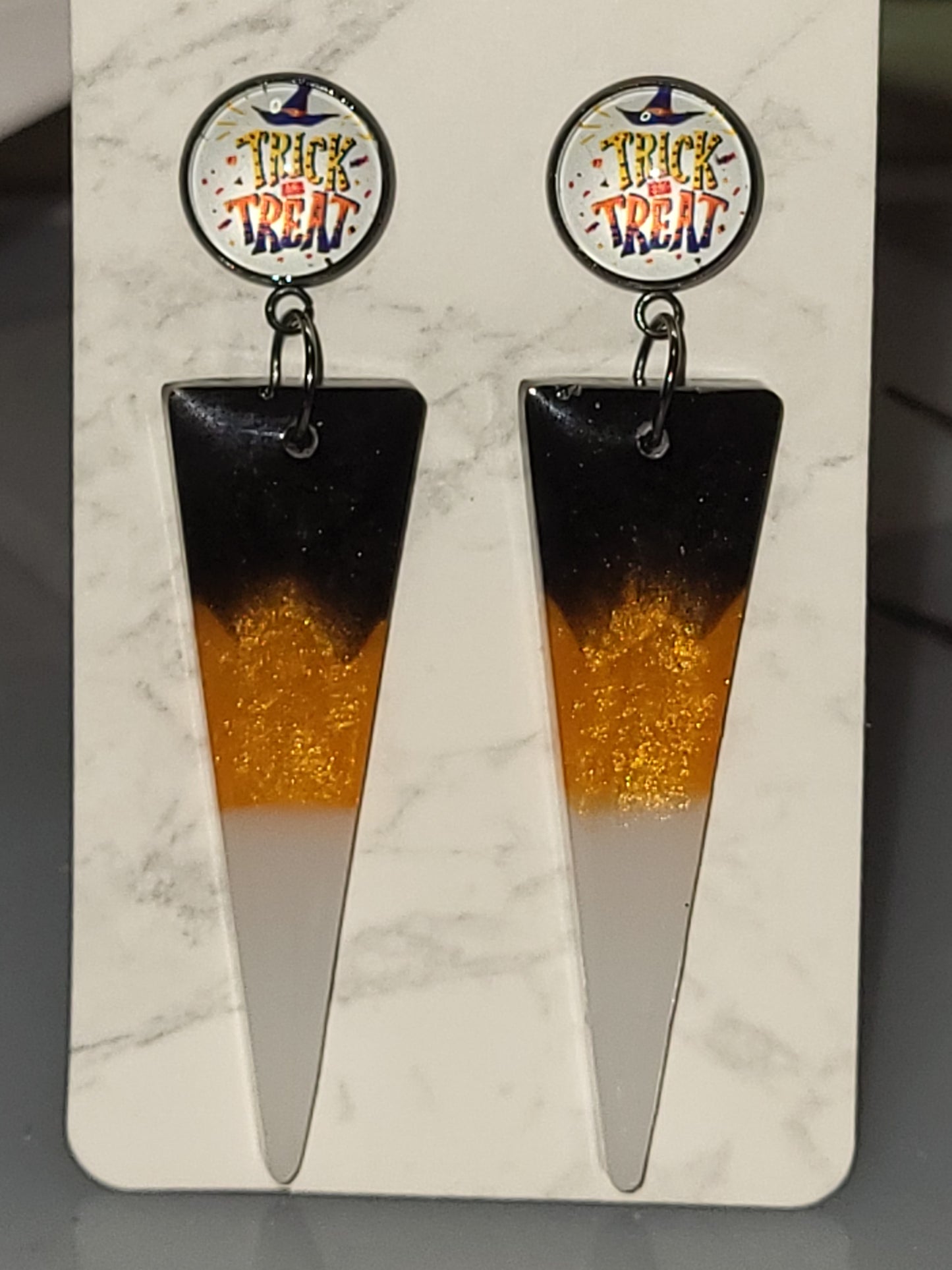 Candy Corn Resin Triangle Dangle Earrings, Handcrafted Halloween Statement Jewelry, Black Orange White Gradient Earrings, Gift for Her