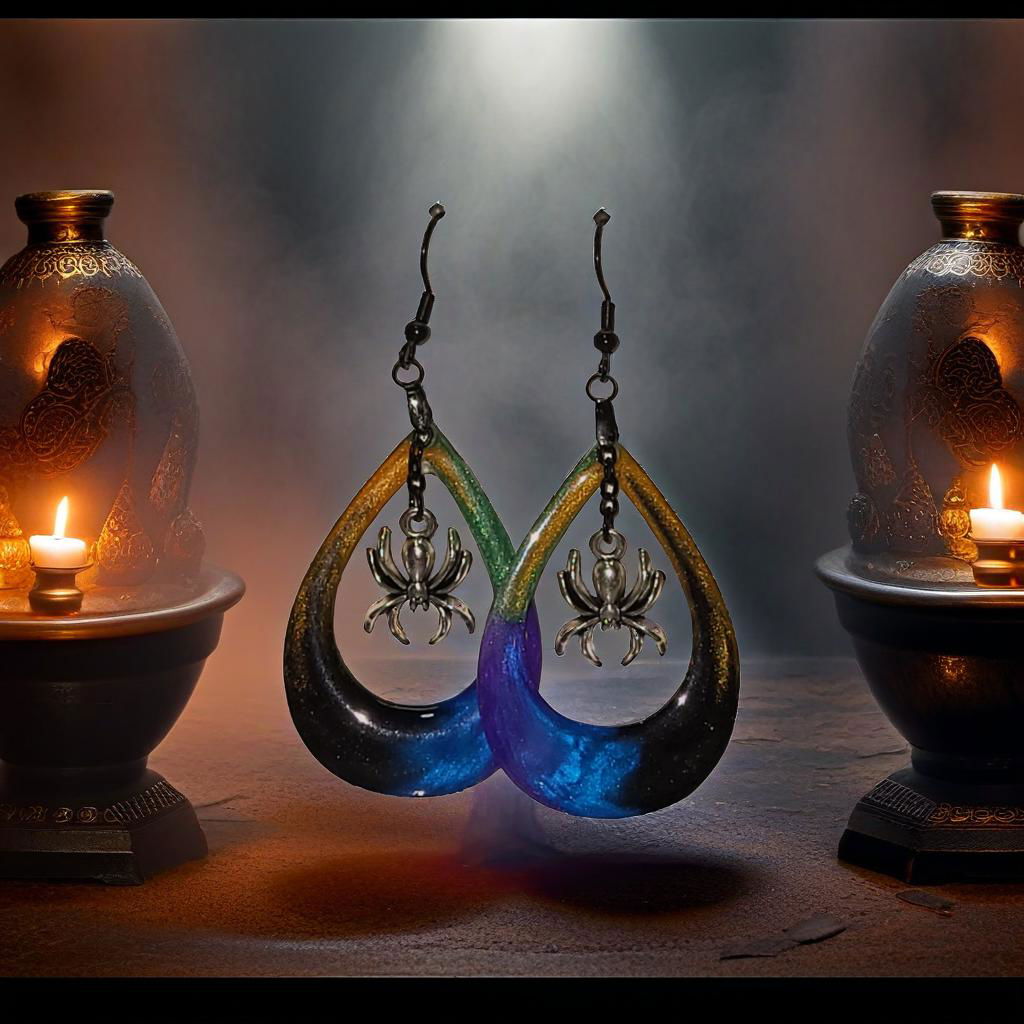 Spider charm multicolor resin teardrop hoop Halloween earrings styled in candlelit gothic scene with ornate vases