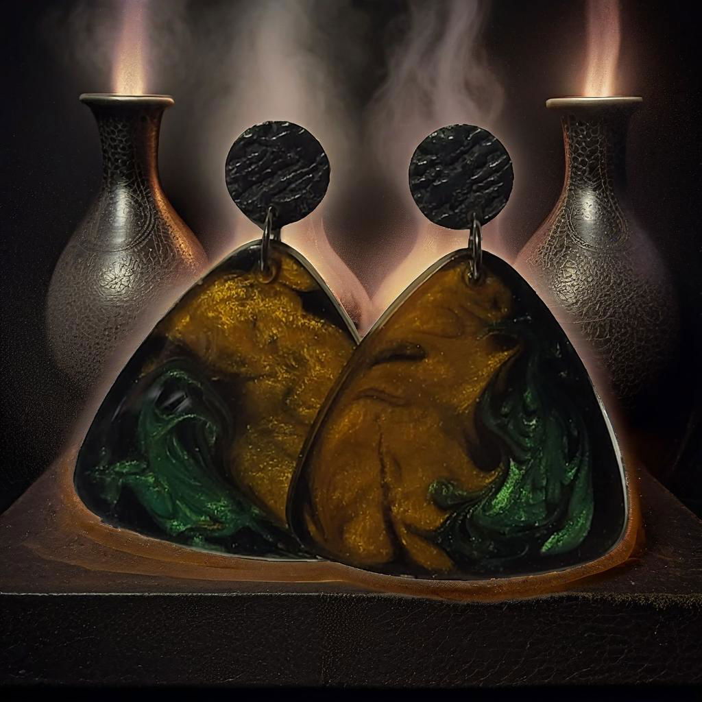 Witches brew triangle resin drop earrings styled with candles and smoke - amber gold and emerald green swirl on black base