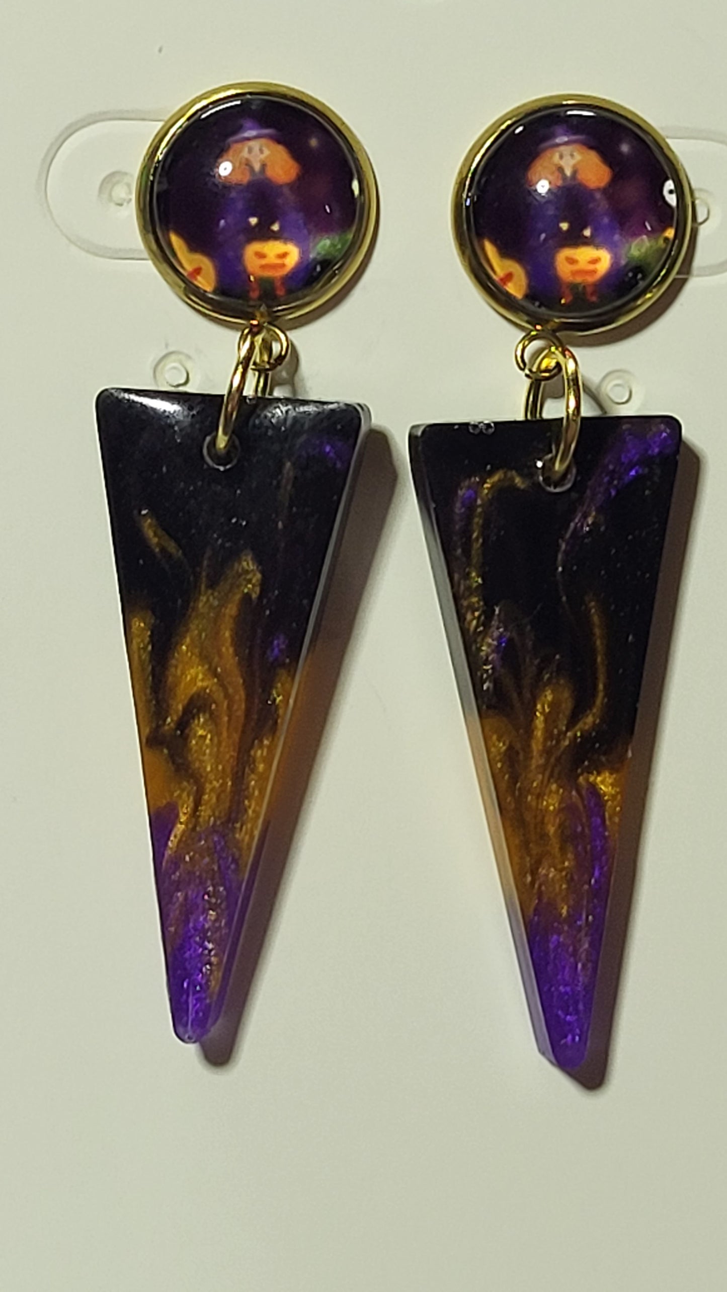 Halloween pumpkin glass dome cab stud top with long black purple gold swirl resin spike pendant on white earring card