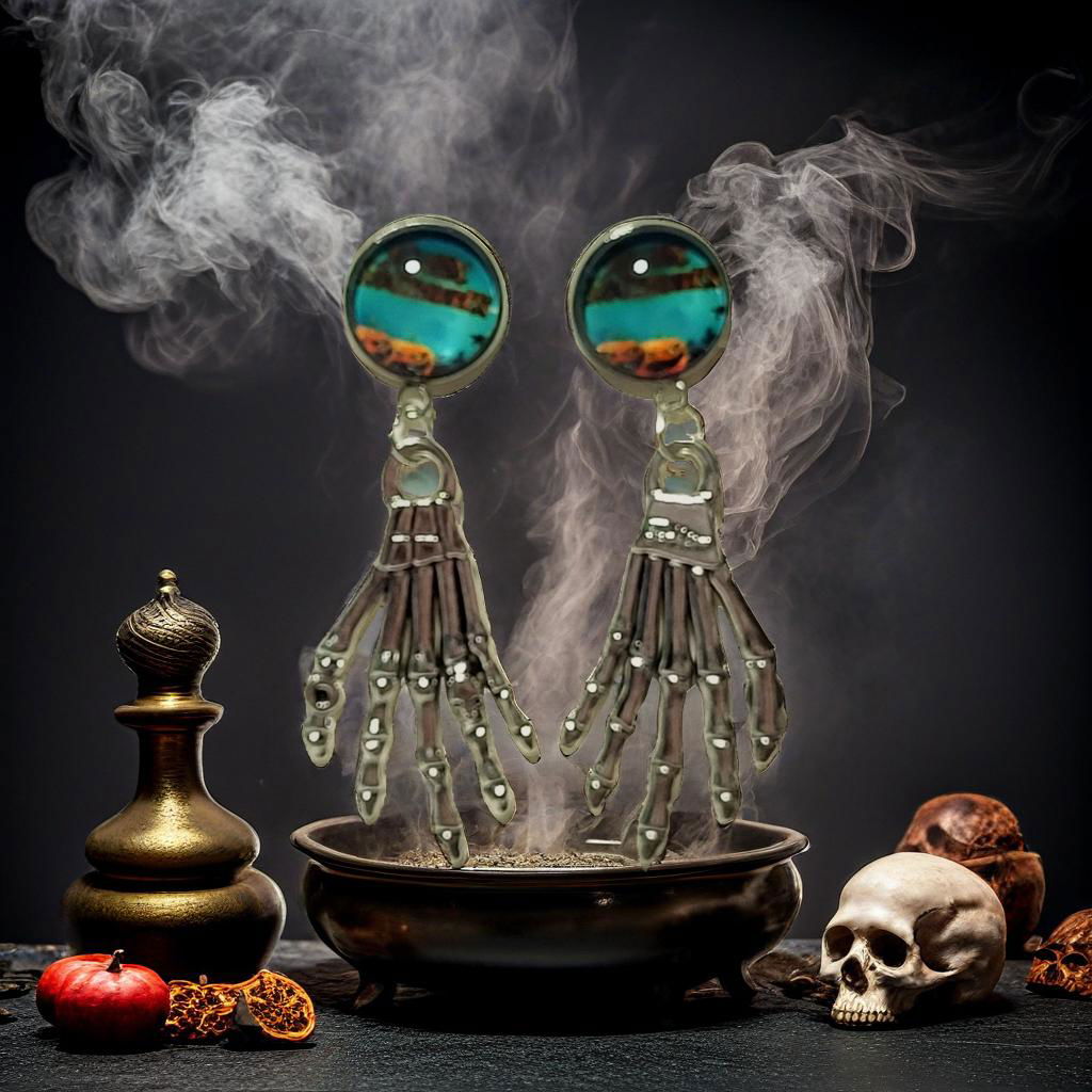 Teal landscape cab skeleton hand drop earrings rising from smoking cauldron with skull and pomegranate in dramatic Halloween styled scene