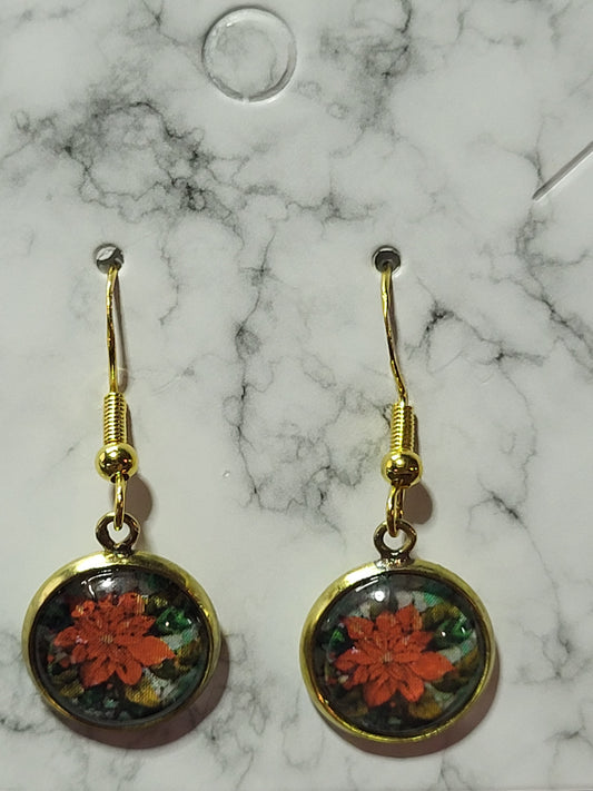 Christmas Poinsettia Flower Earrings - Gold Bezel Dangle