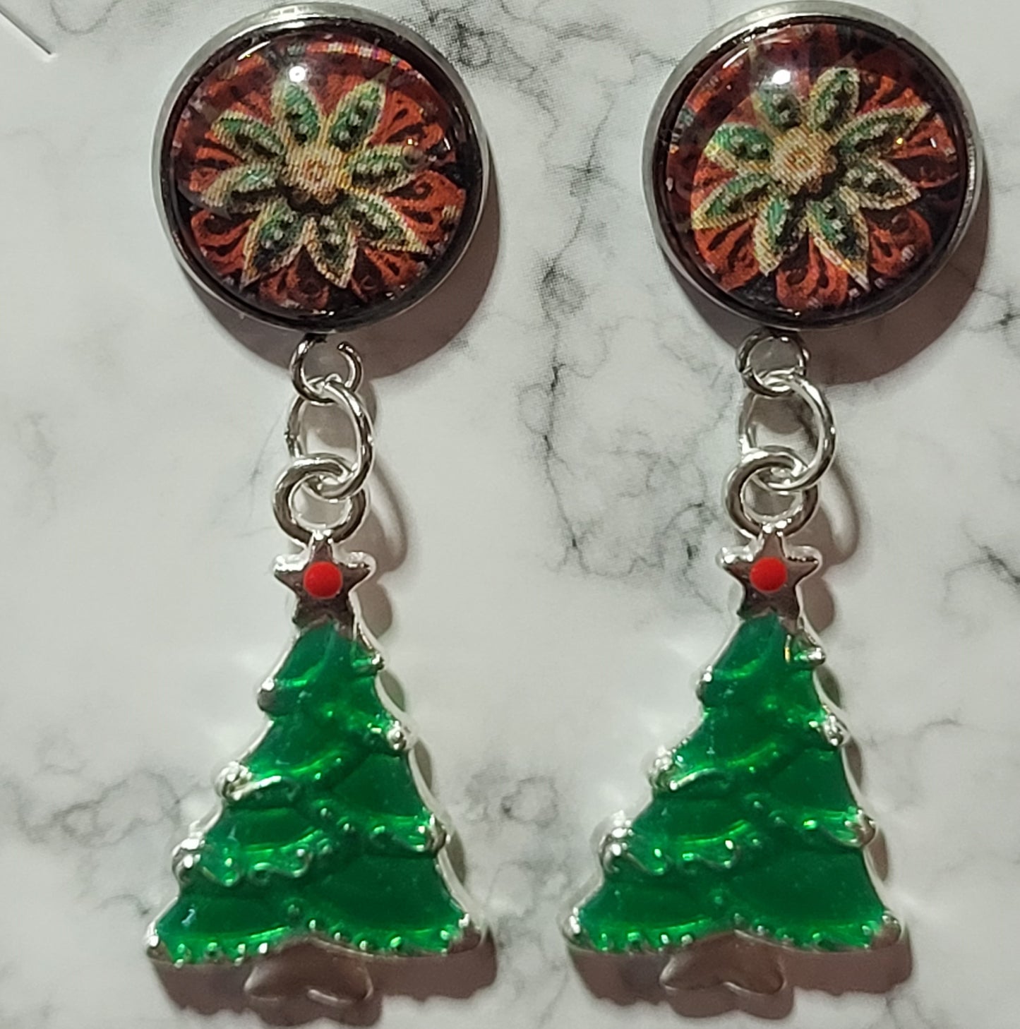 Christmas Tree Charm Earrings - Green Tree with Floral Cabochon Dangle