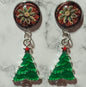 Christmas Tree Charm Earrings - Green Tree with Floral Cabochon Dangle