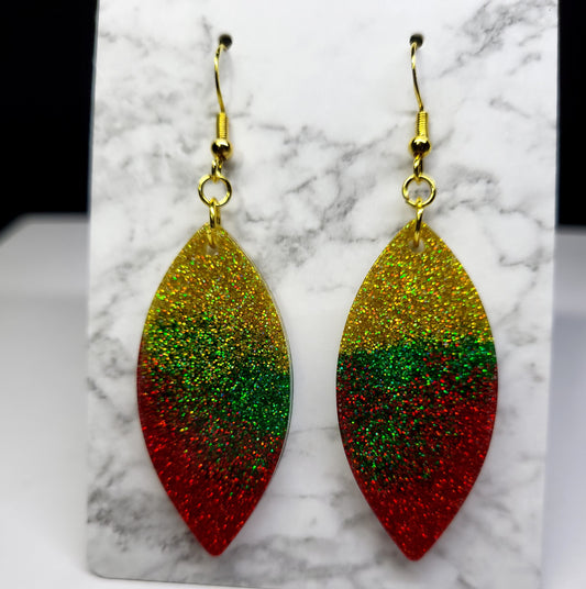 Christmas Glitter Leaf Earrings - Gold Green Red Ombre Dangle