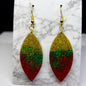 Christmas Glitter Leaf Earrings - Gold Green Red Ombre Dangle