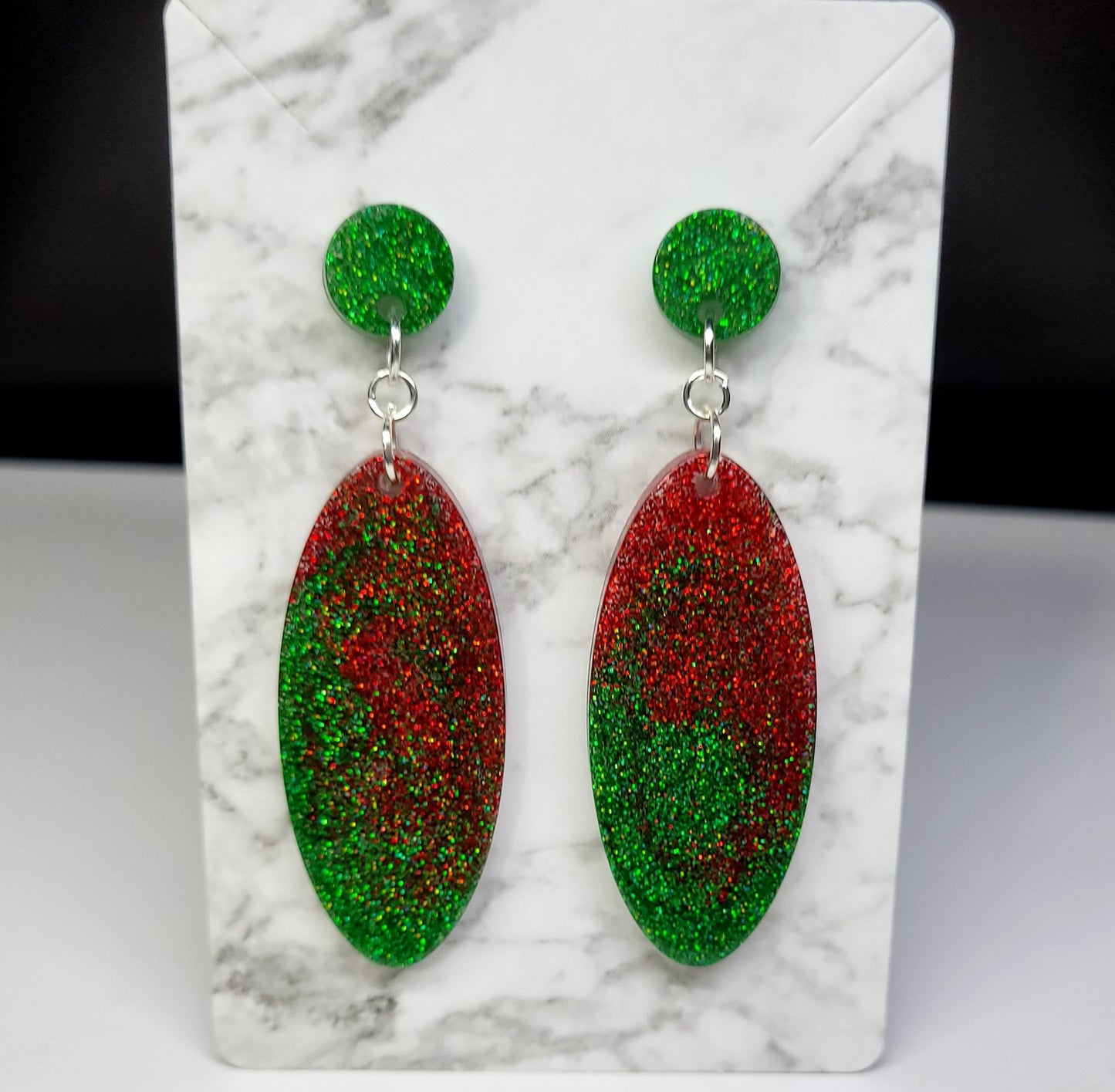Christmas Glitter Oval Earrings - Green Red Two-Tier Dangle