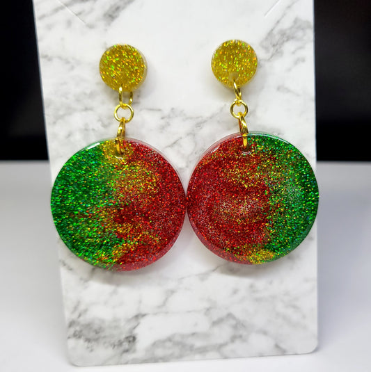 Christmas Glitter Circle Earrings - Gold Red Green Ombre Dangle