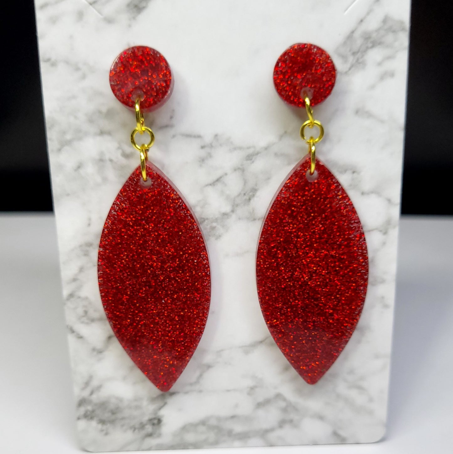Red Glitter Leaf Earrings - Christmas Valentine Two-Tier Dangle