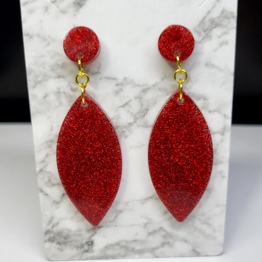 Red Glitter Leaf Earrings - Christmas Valentine Two-Tier Dangle