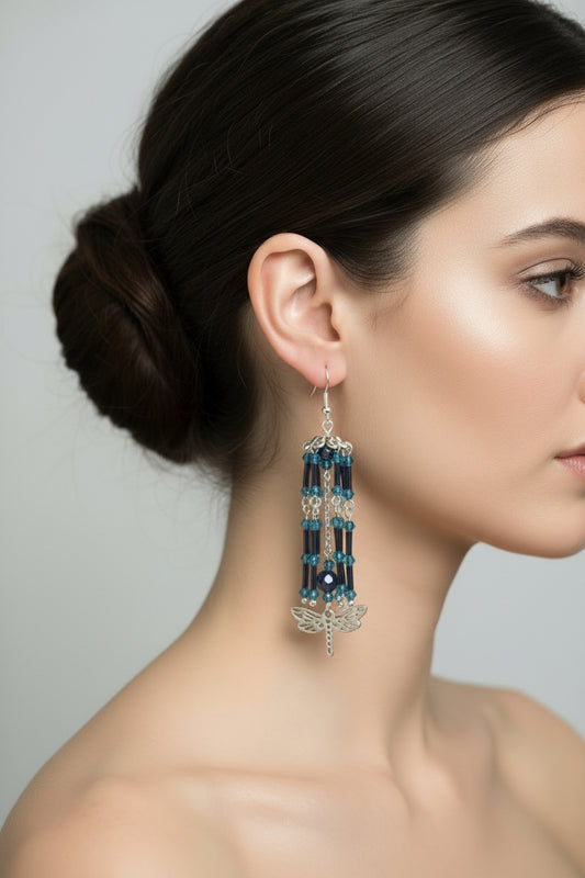Dragonfly Windchime Earrings | Blue & Silver Beaded Chime