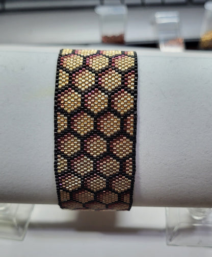 Golden Honeycomb Beaded Bracelet, Handmade Peyote Stitch Miyuki Delica Wide Cuff, Gold Bronze Copper Artisan Jewelry, Gift for Her