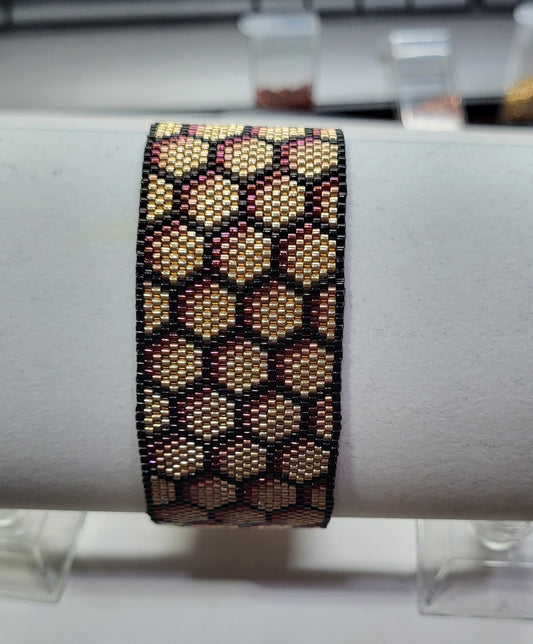 Golden Honeycomb Beaded Bracelet, Handmade Peyote Stitch Miyuki Delica Wide Cuff, Gold Bronze Copper Artisan Jewelry, Gift for Her