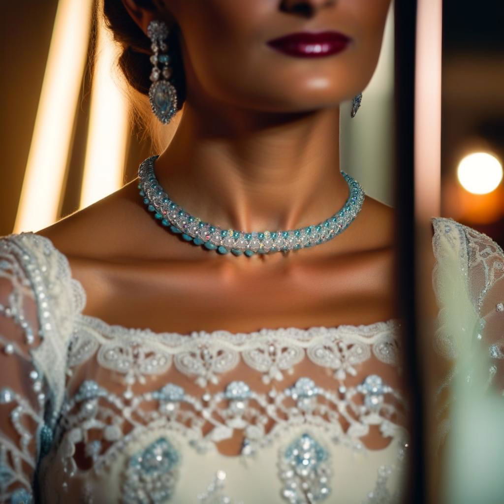 Teal and white beadwoven collar necklace worn with white lace gown and crystal earrings