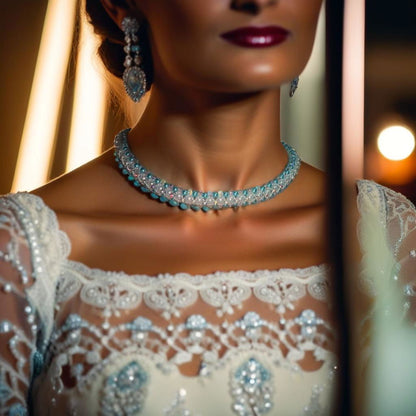 Teal and white beadwoven collar necklace worn with white lace gown and crystal earrings