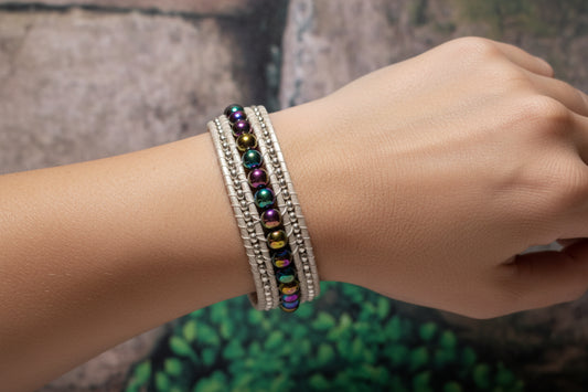 Rainbow Hematite Leather Cuff Bracelet, Handcrafted Iridescent Crystal Bracelet, Tree of Life Artisan Jewelry, Gift for Her