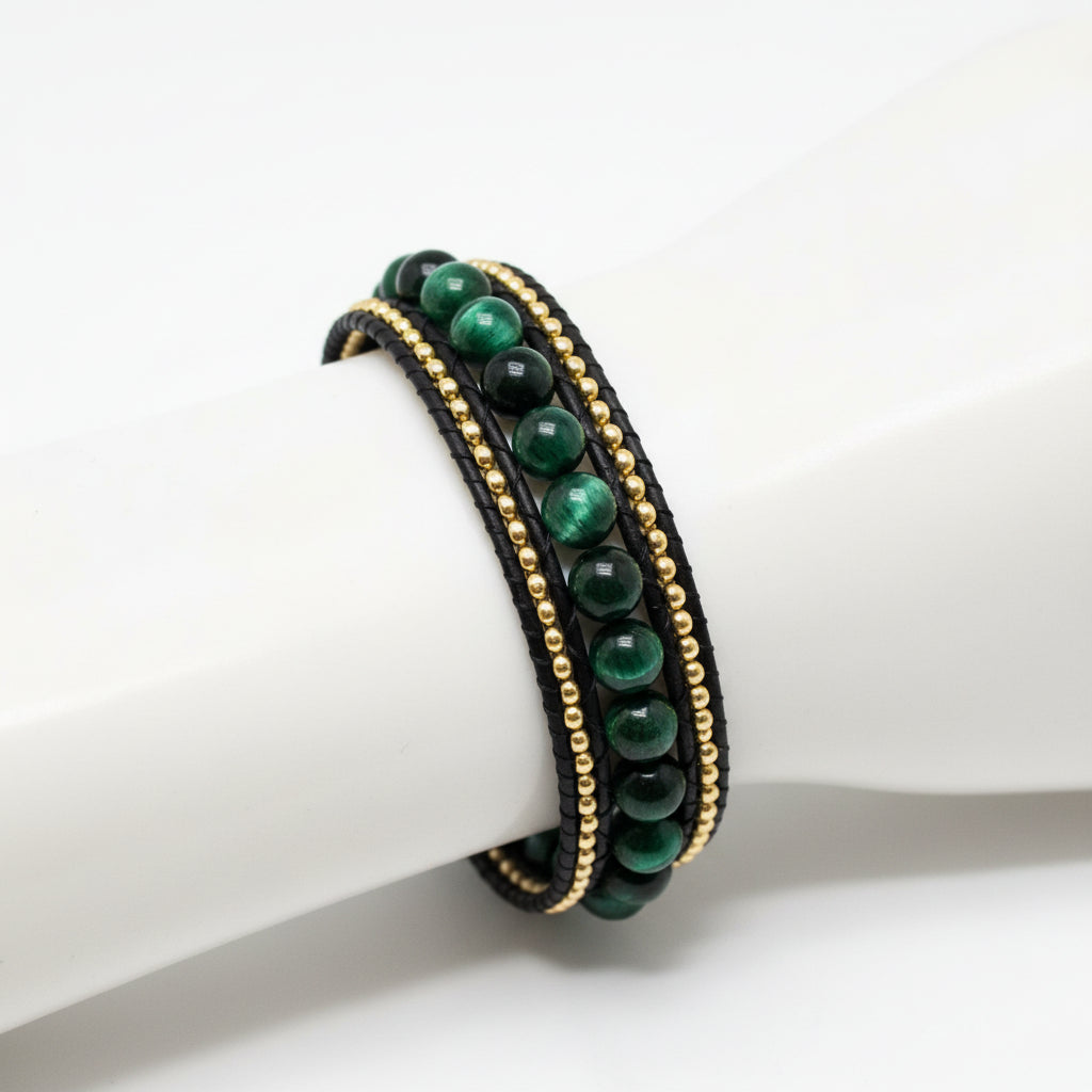 Green and gold leather cuff bracelet