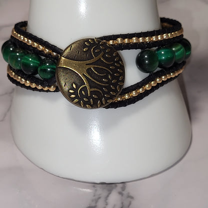 Green and gold leather cuff bracelet