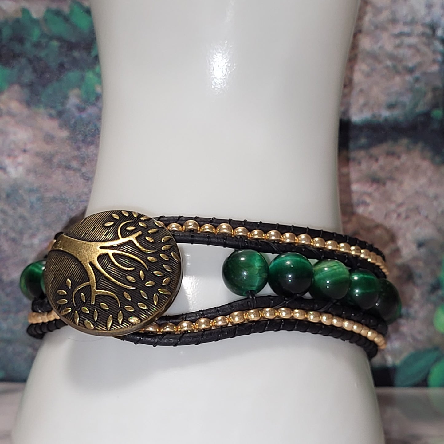 Green and gold leather cuff bracelet