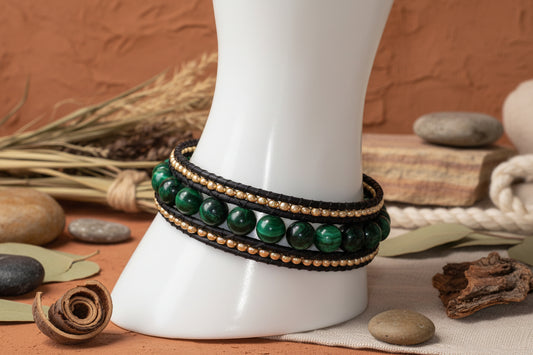 Green and gold leather cuff bracelet