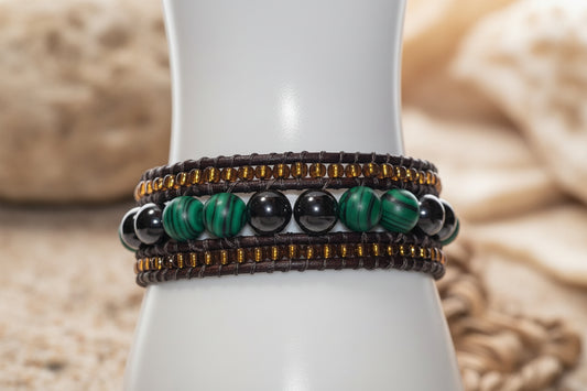 Malachite Brown Leather Cuff Bracelet, Handcrafted Earthy Gemstone Bracelet, Nature-Inspired Artisan Jewelry, Gift for Her