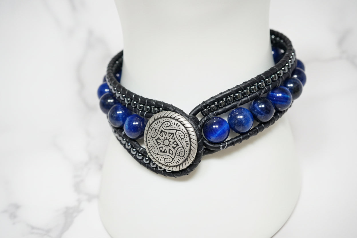 Sapphire & Hematite leather cuff bracelet