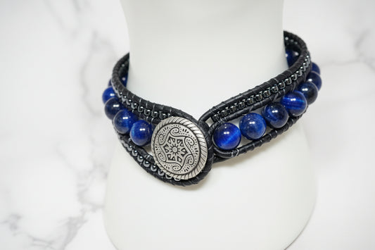 Sapphire & Hematite leather cuff bracelet