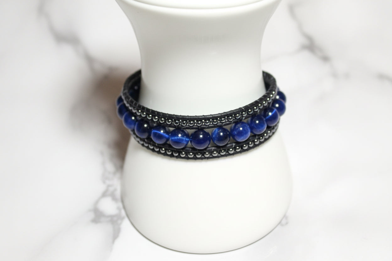 Sapphire & Hematite leather cuff bracelet