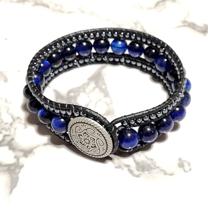 Sapphire & Hematite leather cuff bracelet