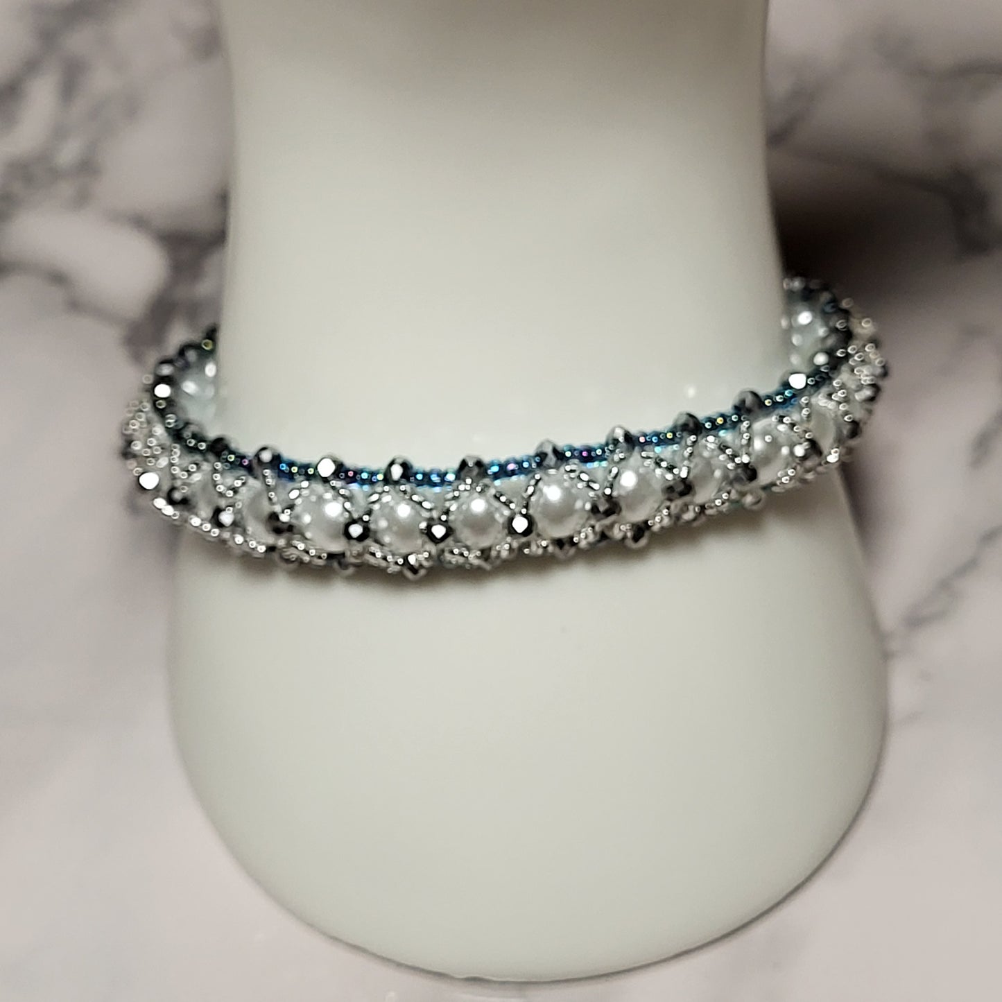 Crystal Snow Bracelet, Handcrafted Pearl & Crystal Beaded Bracelet, White Blue Silver Artisan Jewelry, Gift for Her