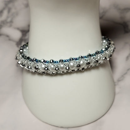Crystal Snow Bracelet, Handcrafted Pearl & Crystal Beaded Bracelet, White Blue Silver Artisan Jewelry, Gift for Her