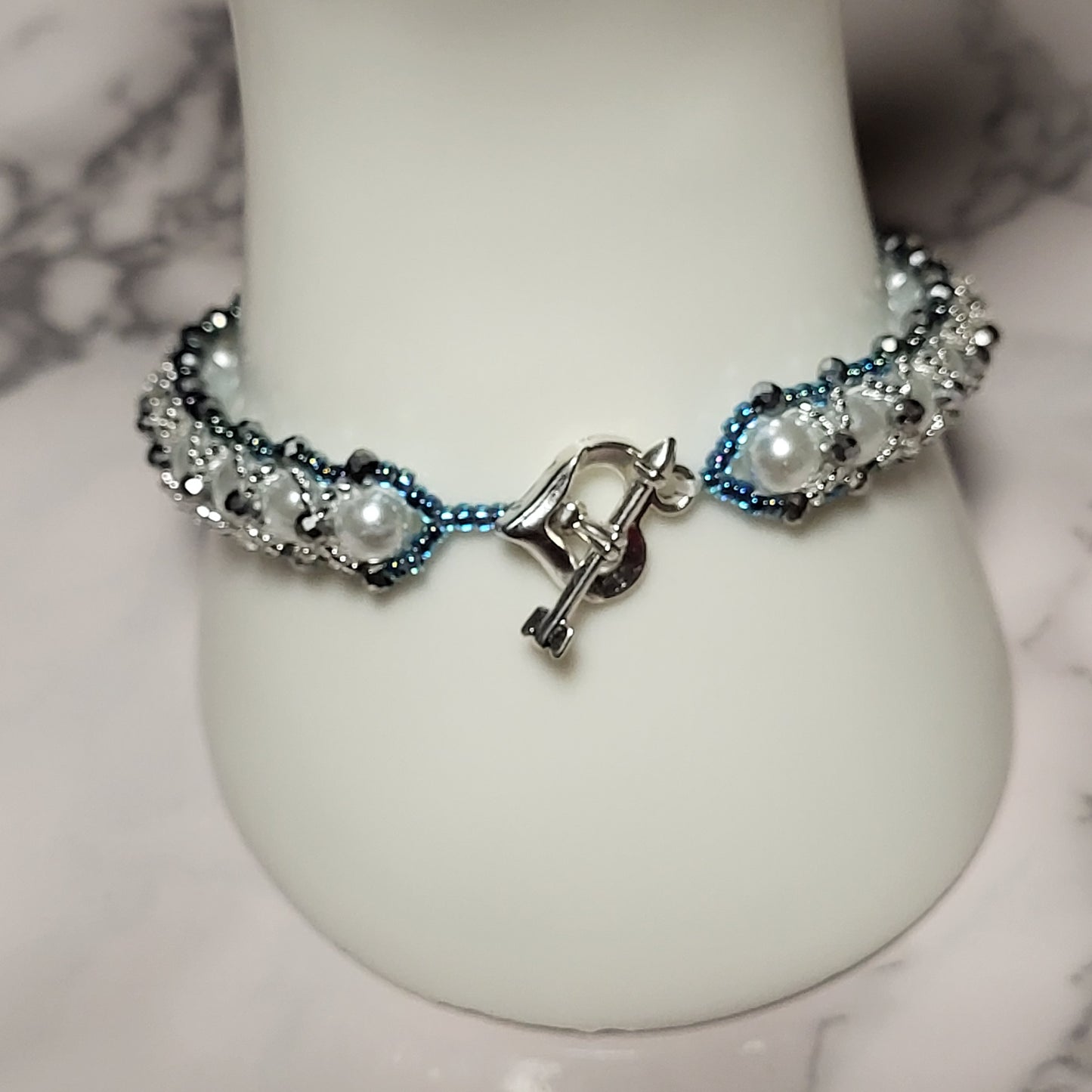 Crystal Snow Bracelet, Handcrafted Pearl & Crystal Beaded Bracelet, White Blue Silver Artisan Jewelry, Gift for Her