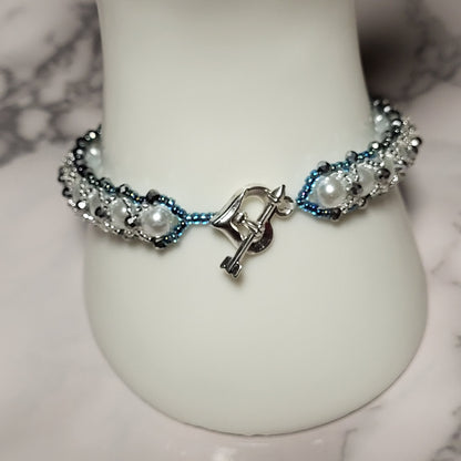 Crystal Snow Bracelet, Handcrafted Pearl & Crystal Beaded Bracelet, White Blue Silver Artisan Jewelry, Gift for Her