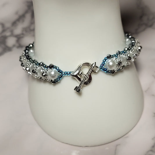 Crystal Snow Bracelet, Handcrafted Pearl & Crystal Beaded Bracelet, White Blue Silver Artisan Jewelry, Gift for Her