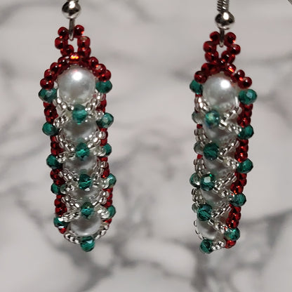 Christmas Beaded Earrings - Handcrafted Pearl & Crystal Dangle