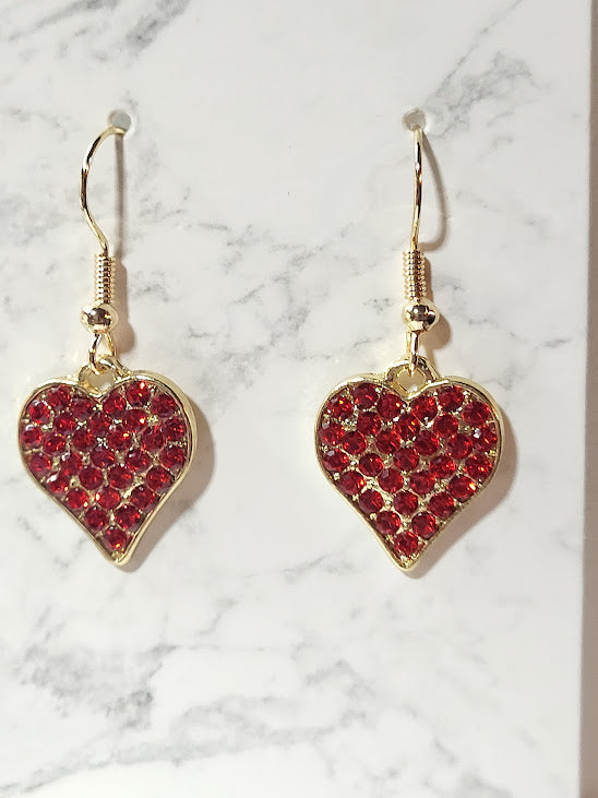 Valentine's Day Red Rhinestone Pavé Heart Earrings - Sparkly Dangle
