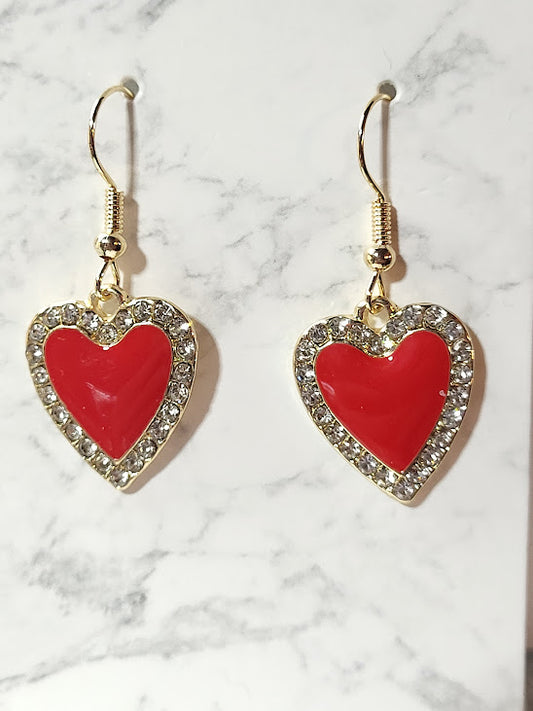 Valentine's Day Crystal Heart Earrings - Red Enamel & Rhinestone